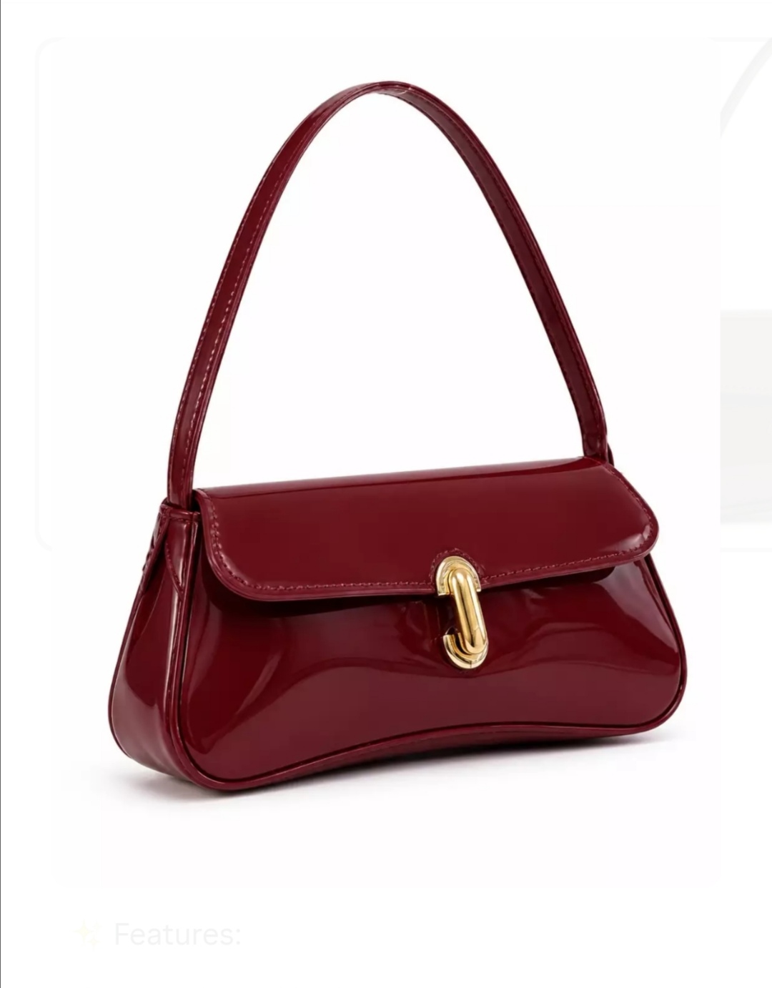 Elegant Glossy Shoulder Bag  Add a touch of sophistication to any outfit with this stylish glossy shoulder bag. Featuring a sleek structured silhouette, a rich burgundy finish, and elegant gold-tone hardware, it’s the perfect accessory for a chic and poli