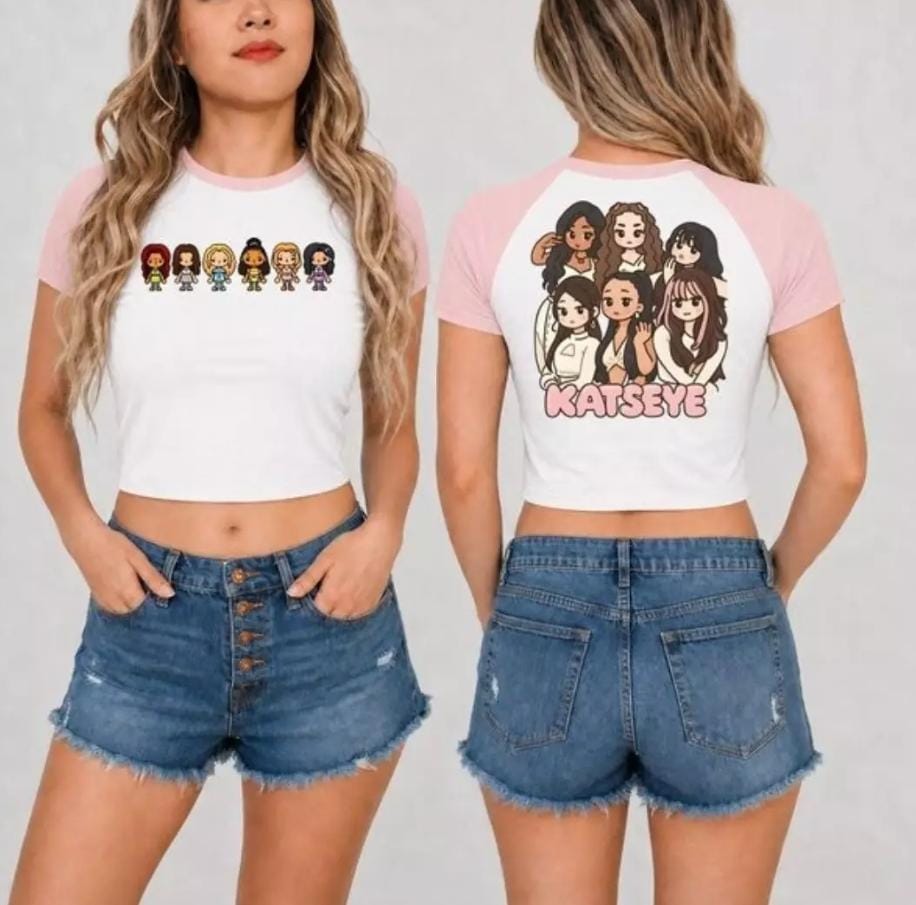 Y2K KATSEYE Kpop Girl Crop Top Product Description: 100% Cotton Fabric Soft, breathable, and comfortable Slim Fit Crop Top Short Sleeve Design Stylish Y2K Fashion Front & Back Graphic Print Inspired by KATSEYE K-pop Group Perfect for Casual Wear Great Gif