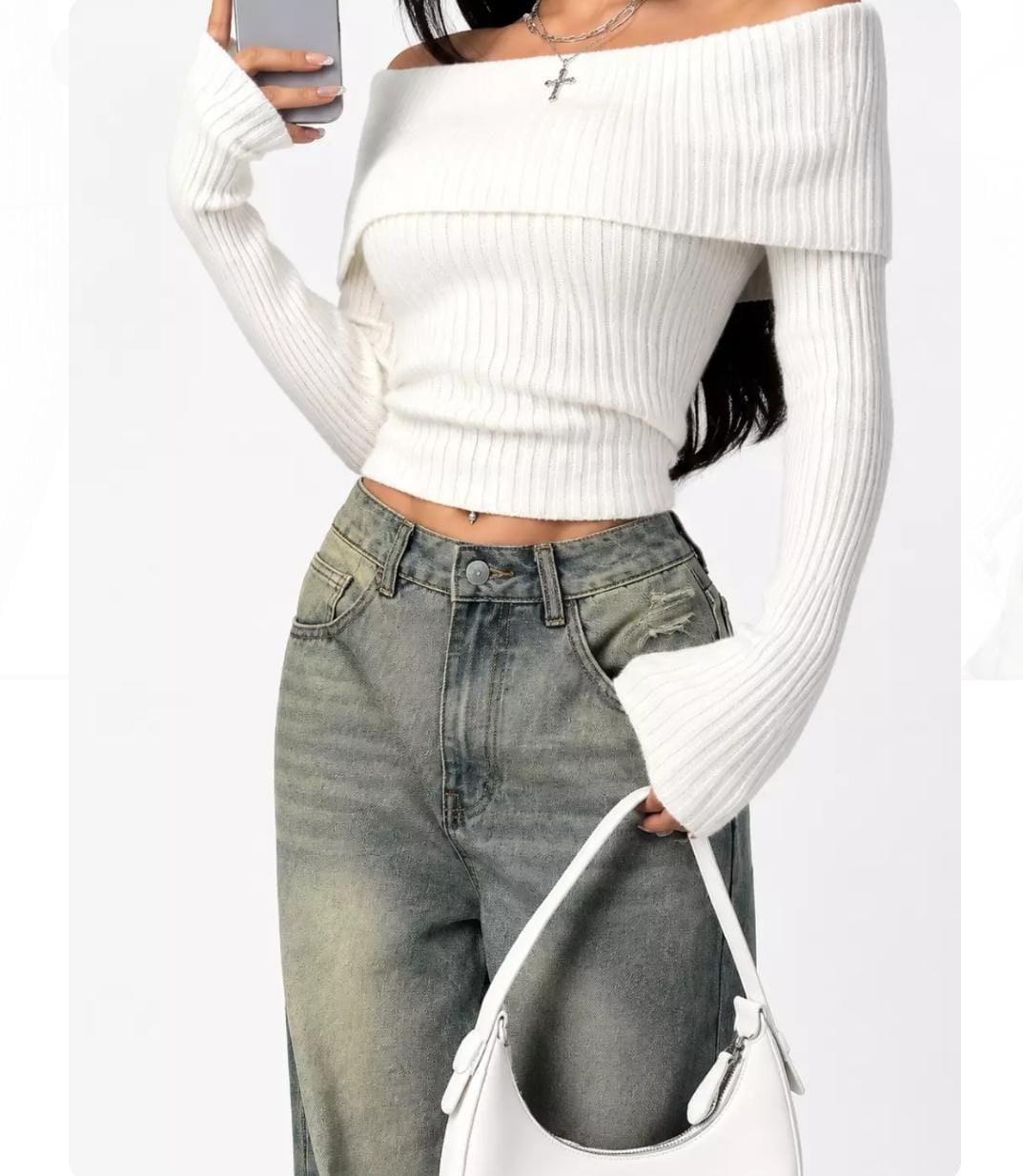 Elegant women’s off-shoulder sweater with a cozy ribbed knit design, long sleeves, and a solid color. Warm and comfortable, perfect for fall and winter. Features a simple and stylish design that can be worn on its own or layered with other outfits. Suitab