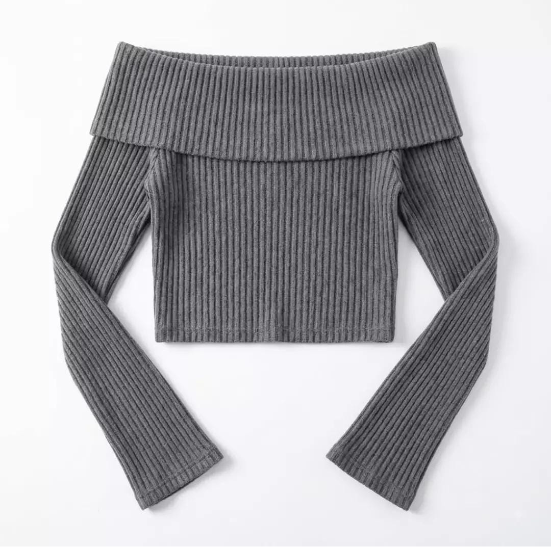 Women's Ribbed Off-Shoulder Knit Crop Top  Premium Ribbed Knit Fabric Soft, Stretchy & Comfortable Off-Shoulder Foldover Neckline Slim Fit Cropped Design Long Flare Sleeve Style Elegant & Trendy Look Perfect for Autumn, Winter & Casual Wear Easy to Pair w