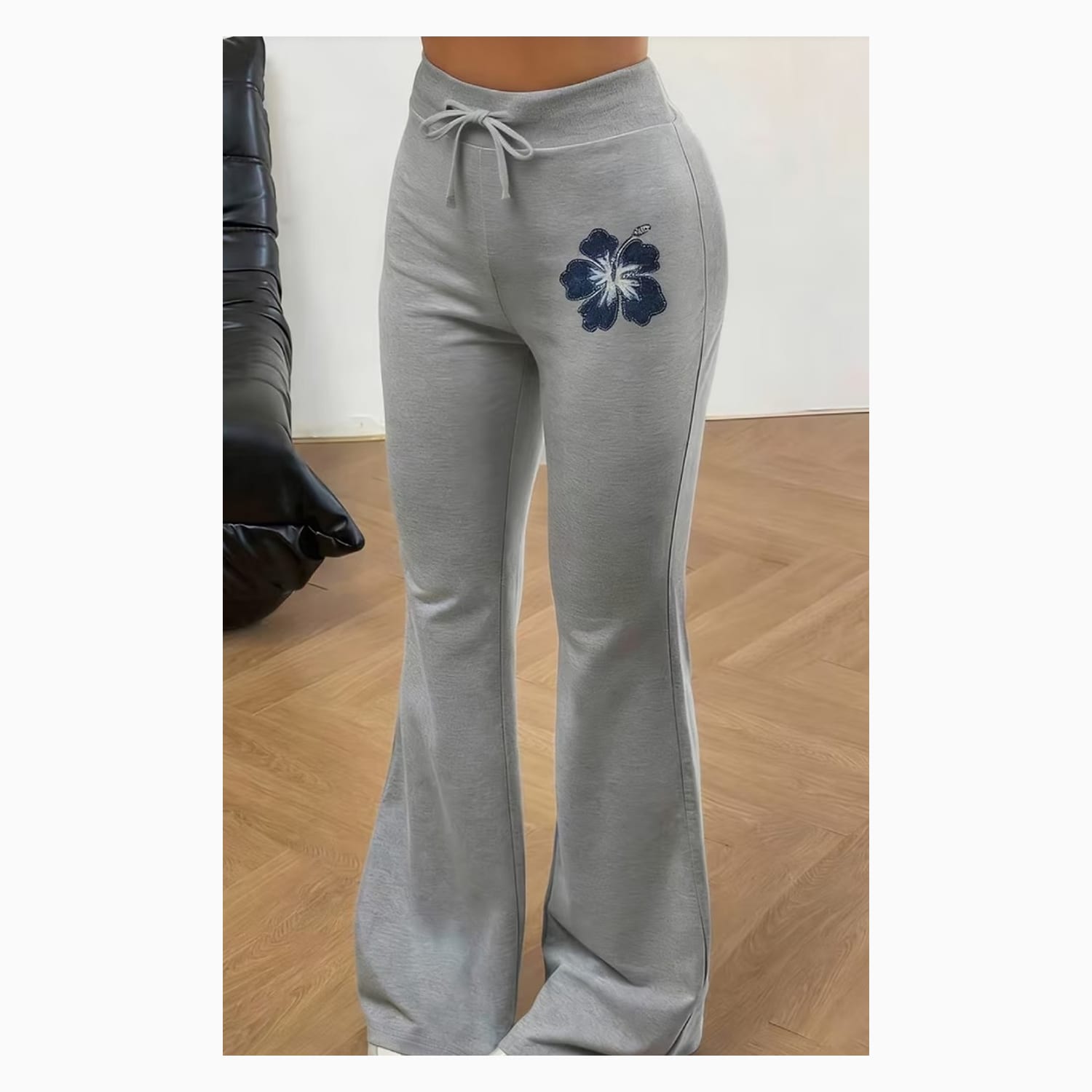 Women's Gray Flared Sweatpants with Embroidered Flower